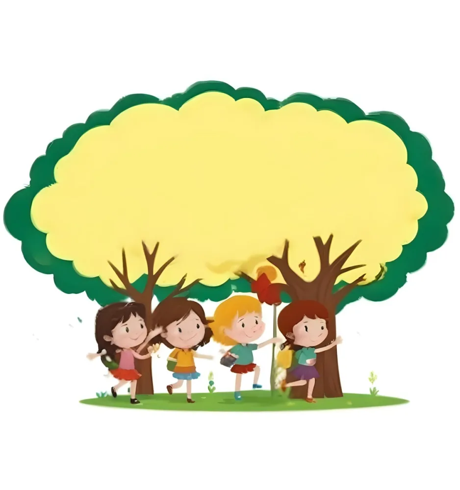 Four Caucasian Girls With An Average Age Of 8 Under A Tree With A Yellow Space For Text 53 696f