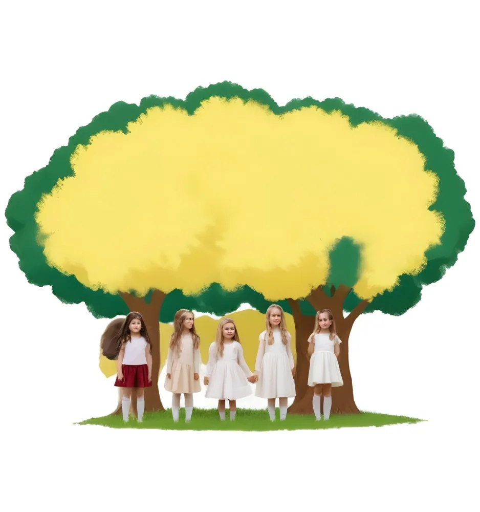 Four Caucasian Girls With An Average Age Of 8 Under A Tree With A Yellow Space For Text 6 Ded5