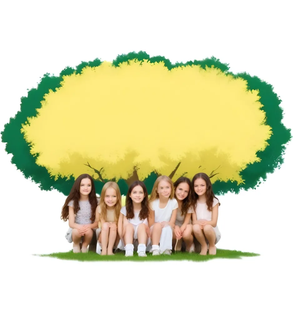 Four Caucasian Girls With An Average Age Of 8 Under A Tree With A Yellow Space For Text 7 42ca