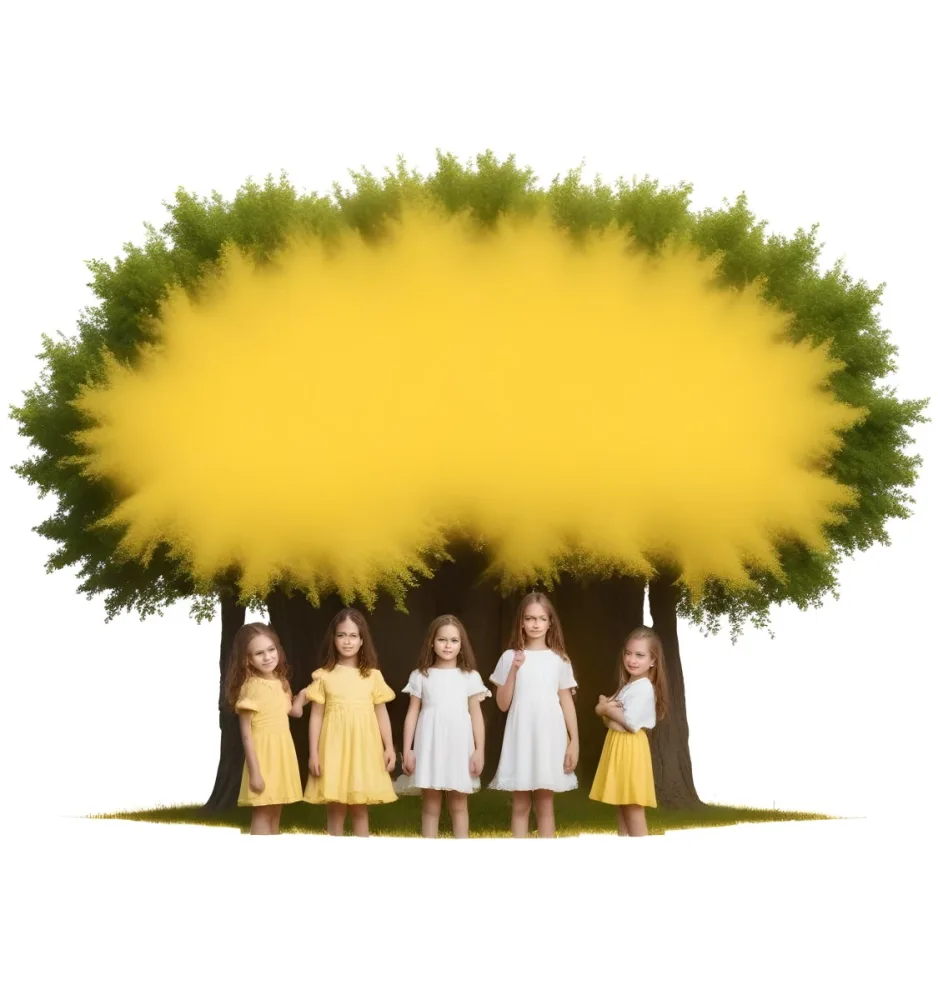 Four Caucasian Girls With An Average Age Of 8 Under A Tree With A Yellow Space For Text 8 E34b