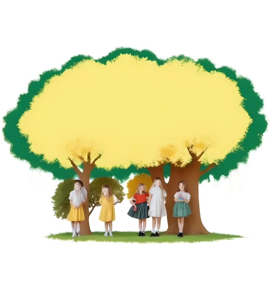Four Caucasian Girls With An Average Age Of 8 Under A Tree With A Yellow Space For Text 9 4bb8