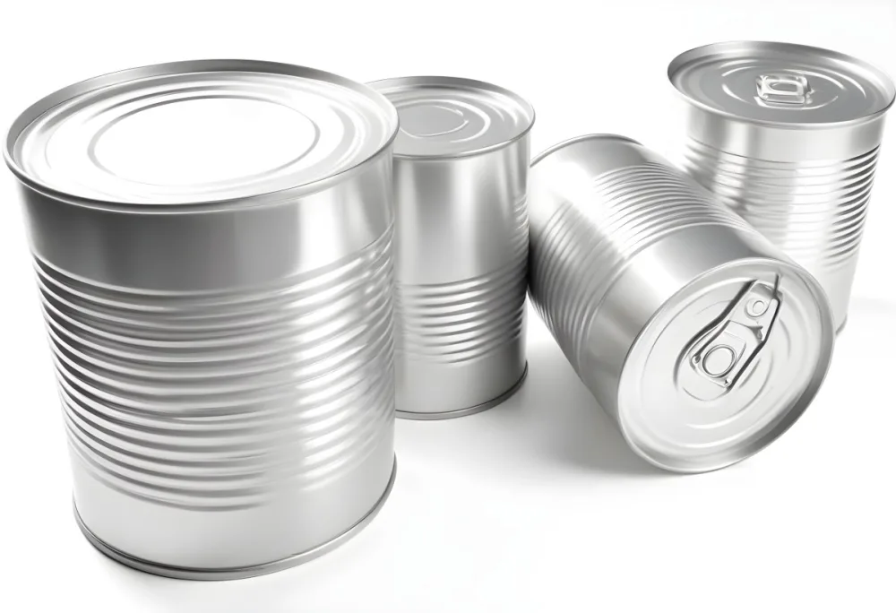 Four Silver Cans Of Different Sizes Some Standing And One Lying Down On A White Surface Studio Shot 1 467f