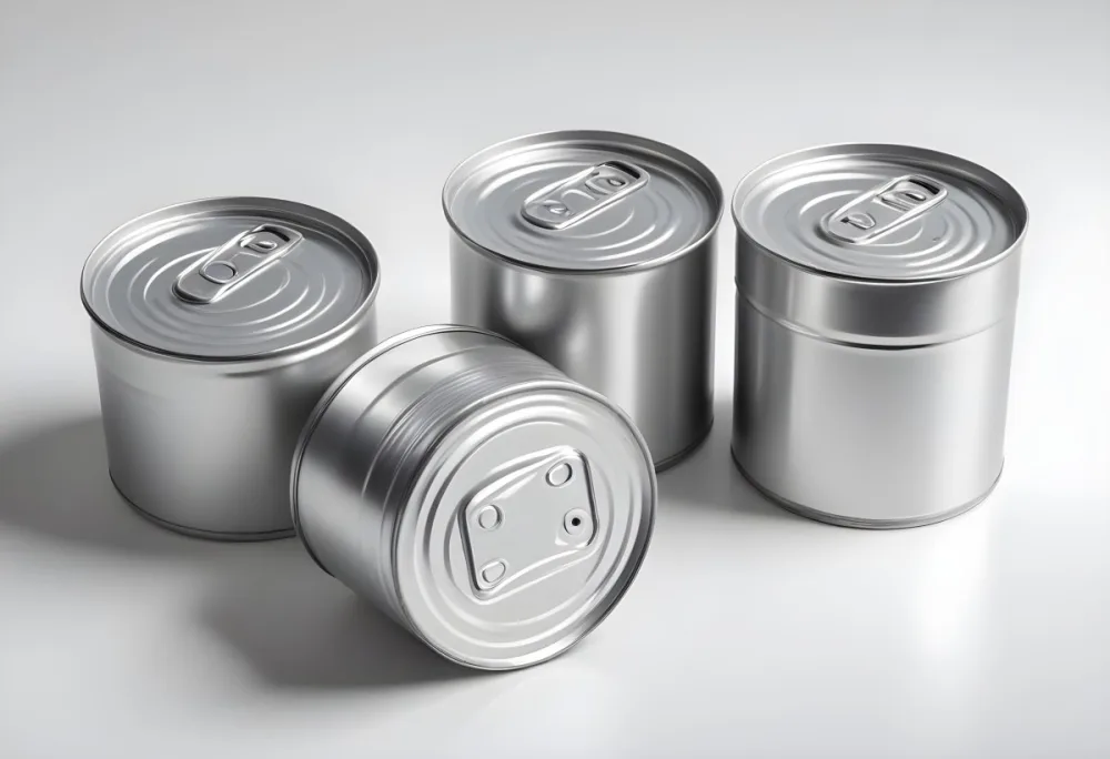 Four Silver Cans Of Different Sizes Some Standing And One Lying Down On A White Surface Studio Shot 18 E265
