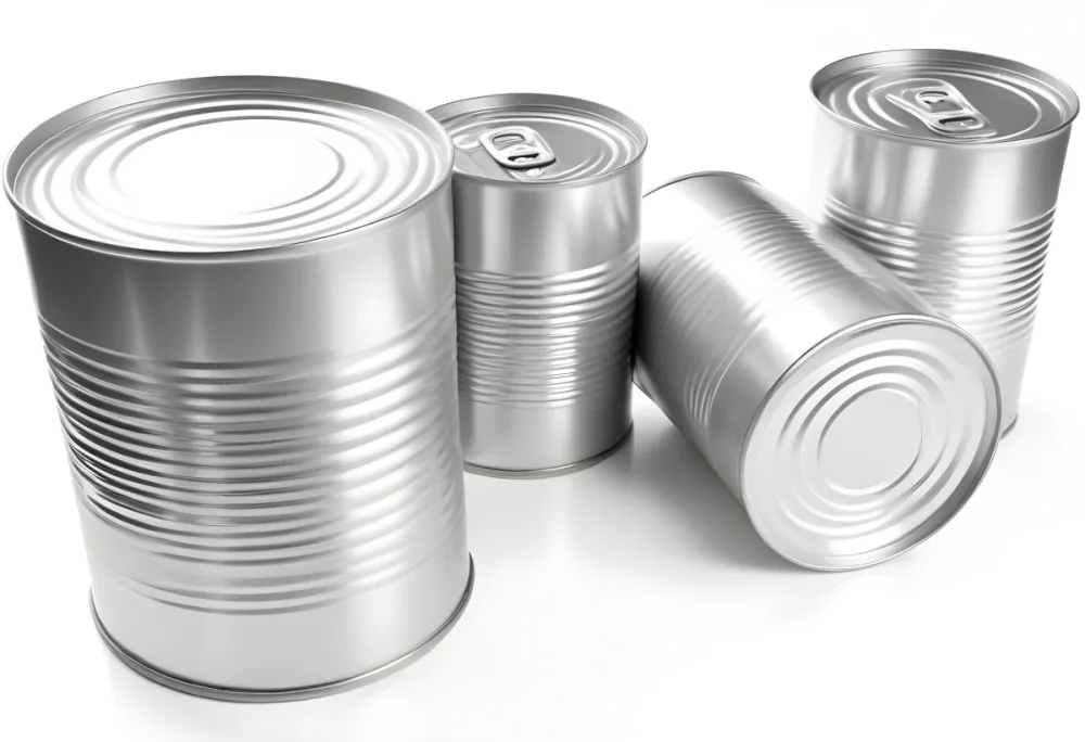 Four Silver Cans Of Different Sizes Some Standing And One Lying Down On A White Surface Studio Shot 2 Ccea