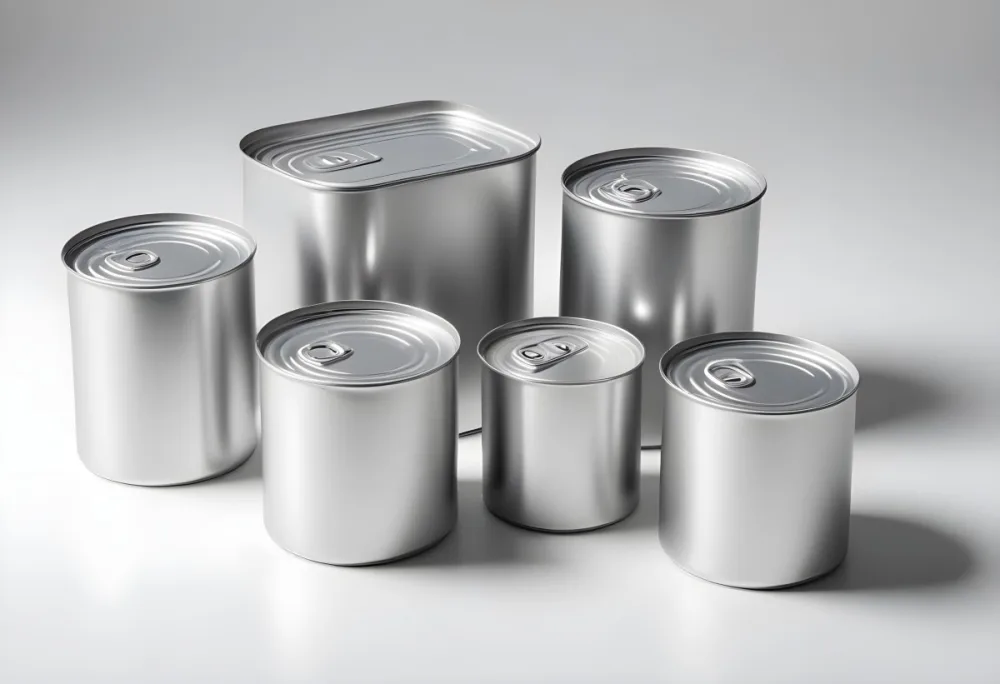 Four Silver Cans Of Different Sizes Some Standing And One Lying Down On A White Surface Studio Shot 23 9a6b
