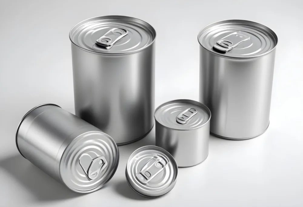 Four Silver Cans Of Different Sizes Some Standing And One Lying Down On A White Surface Studio Shot 33 11cc