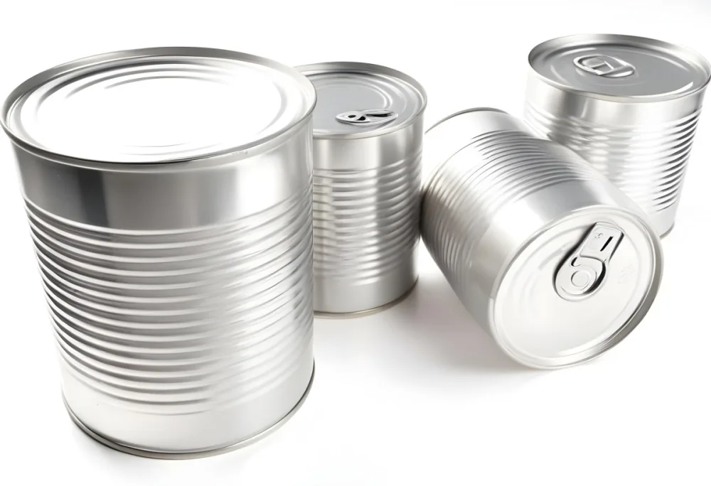 Four Silver Cans Of Different Sizes Some Standing And One Lying Down On A White Surface Studio Shot 34 E87b