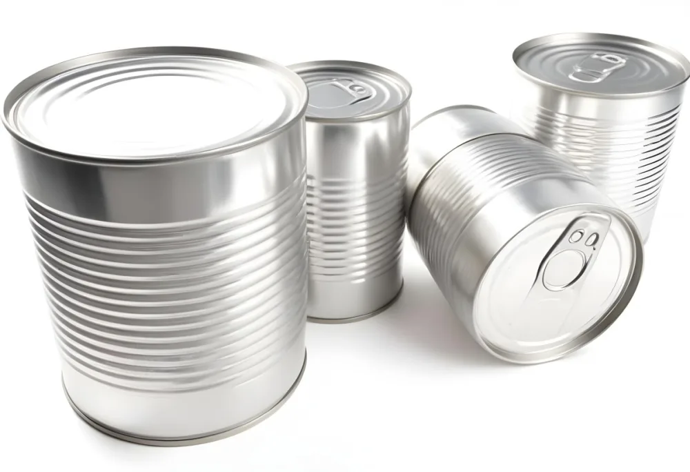 Four Silver Cans Of Different Sizes Some Standing And One Lying Down On A White Surface Studio Shot 35 0926