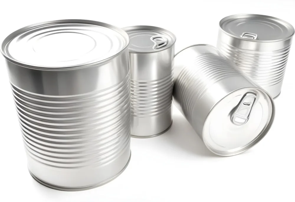 Four Silver Cans Of Different Sizes Some Standing And One Lying Down On A White Surface Studio Shot 36 A170