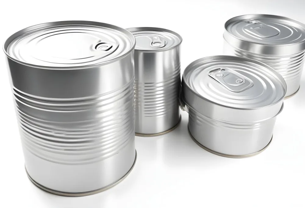 Four Silver Cans Of Different Sizes Some Standing And One Lying Down On A White Surface Studio Shot 39 7870