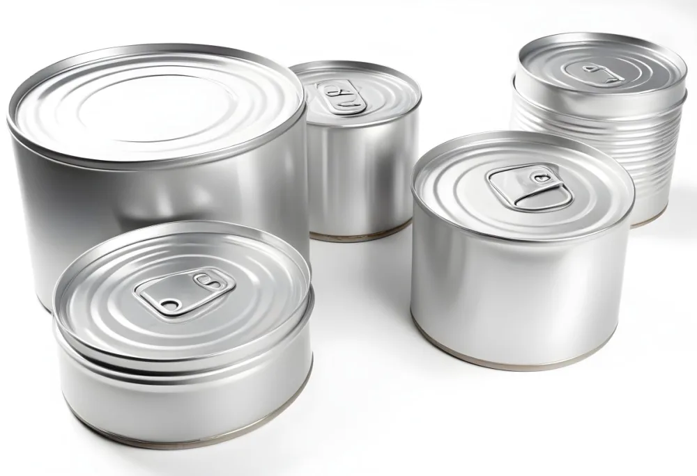 Four Silver Cans Of Different Sizes Some Standing And One Lying Down On A White Surface Studio Shot 40 4975