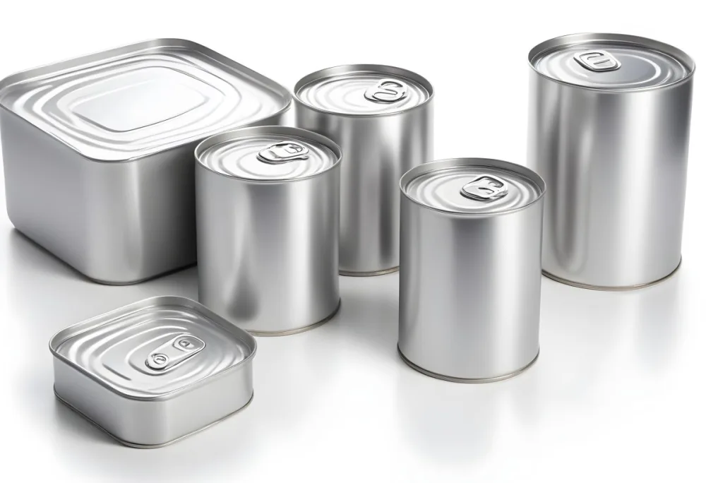 Four Silver Cans Of Different Sizes Some Standing And One Lying Down On A White Surface Studio Shot 6 Fc14