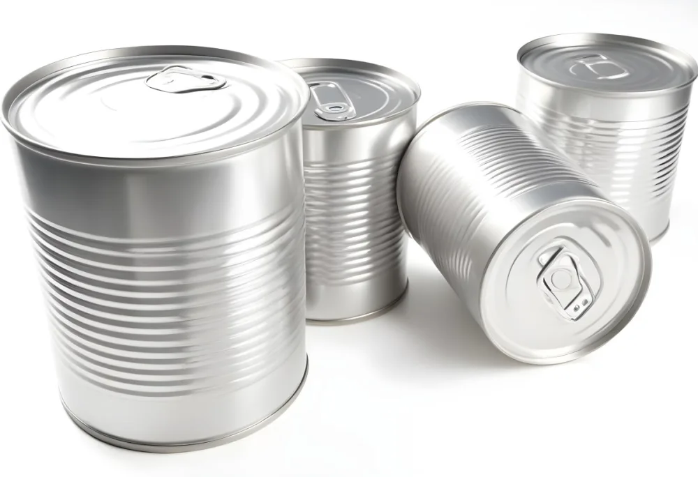 Four Silver Cans Of Different Sizes Some Standing And One Lying Down On A White Surface Studio Shot 7 9b26