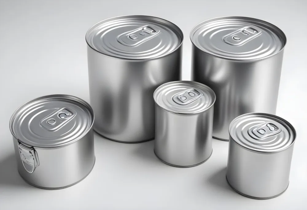 Four Silver Cans Of Different Sizes Some Standing And One Lying Down On A White Surface Studio Shot 8 B821