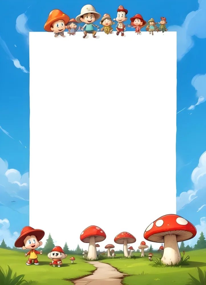 Frame With Cartoon Characters And A Mushroom At The Bottom Blue Sky With Clouds On The Background 13 F801