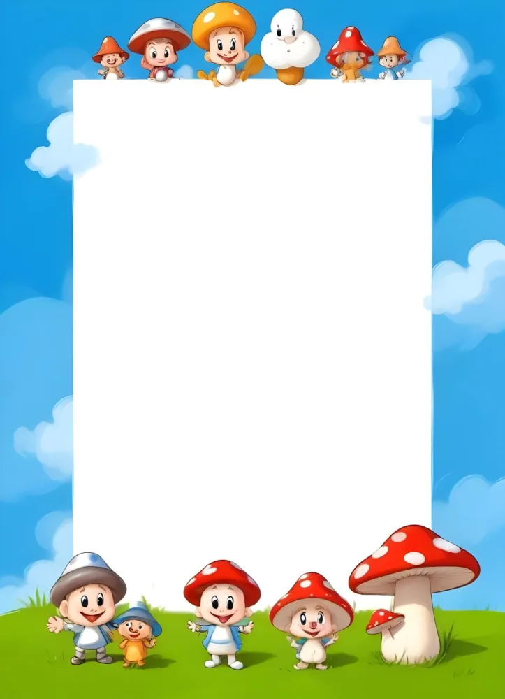 Frame With Cartoon Characters And A Mushroom At The Bottom Blue Sky With Clouds On The Background 15 C394
