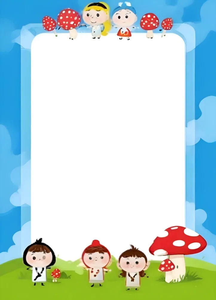 Frame With Cartoon Characters And A Mushroom At The Bottom Blue Sky With Clouds On The Background 17 Aabf