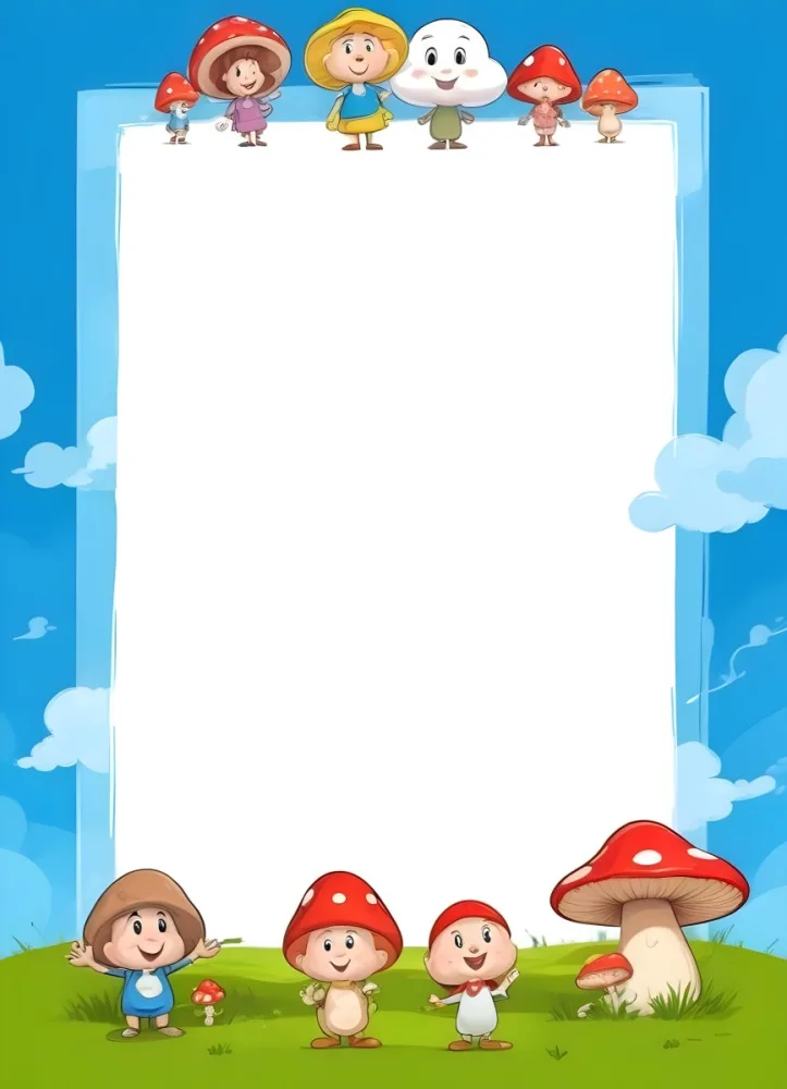 Frame With Cartoon Characters And A Mushroom At The Bottom Blue Sky With Clouds On The Background 18 D71d