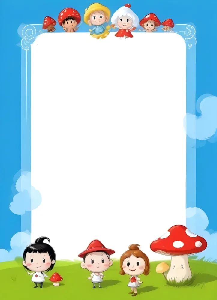 Frame With Cartoon Characters And A Mushroom At The Bottom Blue Sky With Clouds On The Background 19 43a7