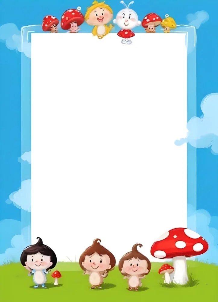 Frame With Cartoon Characters And A Mushroom At The Bottom Blue Sky With Clouds On The Background 20 Fa32