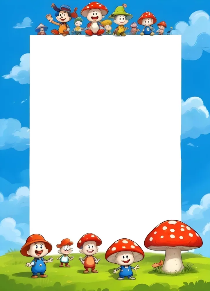 Frame With Cartoon Characters And A Mushroom At The Bottom Blue Sky With Clouds On The Background 4 2e79