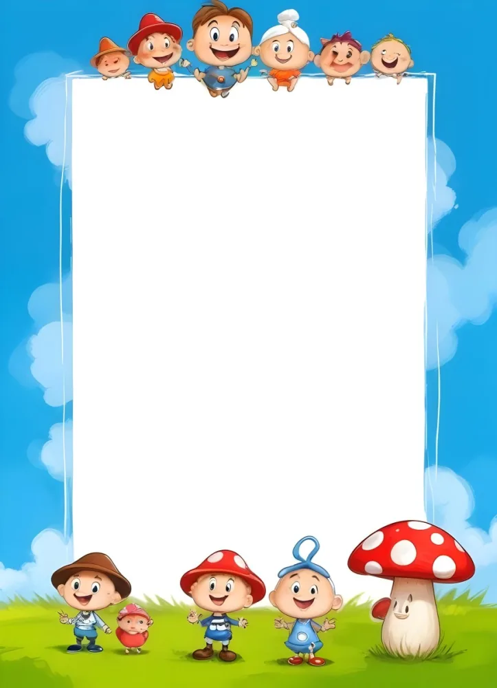 Frame With Cartoon Characters And A Mushroom At The Bottom Blue Sky With Clouds On The Background 5 6642