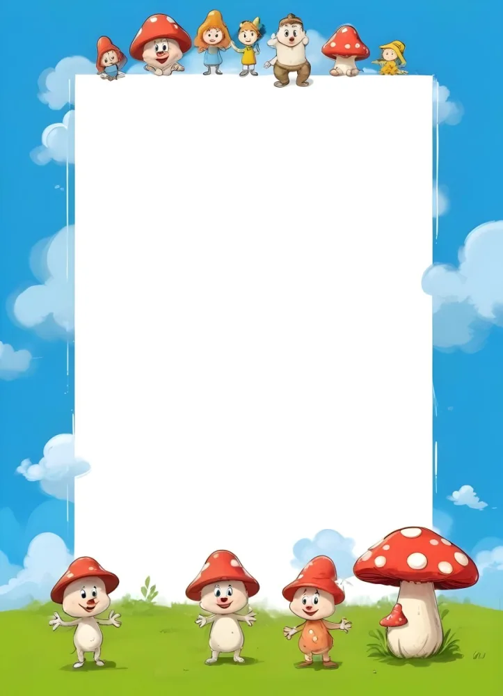 Frame With Cartoon Characters And A Mushroom At The Bottom Blue Sky With Clouds On The Background 6 E6f7