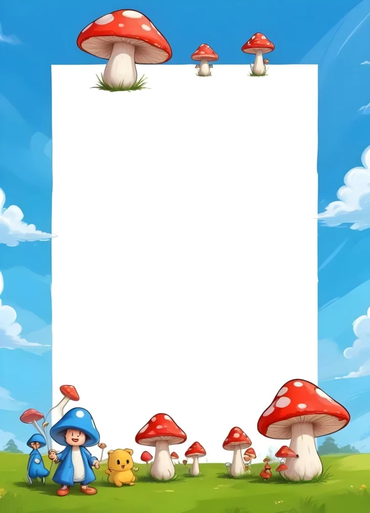 Frame With Cartoon Characters And A Mushroom At The Bottom Blue Sky With Clouds On The Background 7 B805