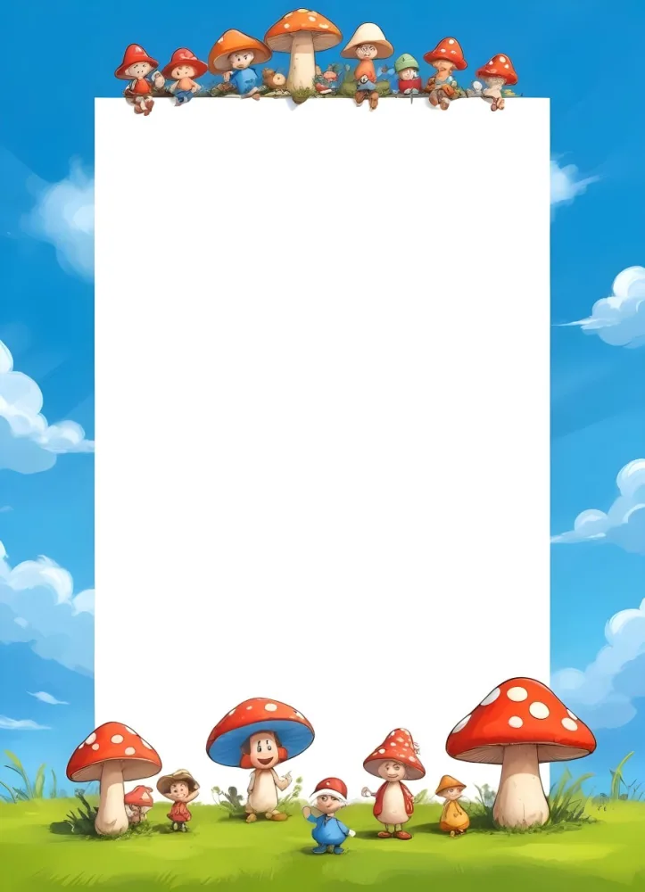 Frame With Cartoon Characters And A Mushroom At The Bottom Blue Sky With Clouds On The Background 8 7ddd