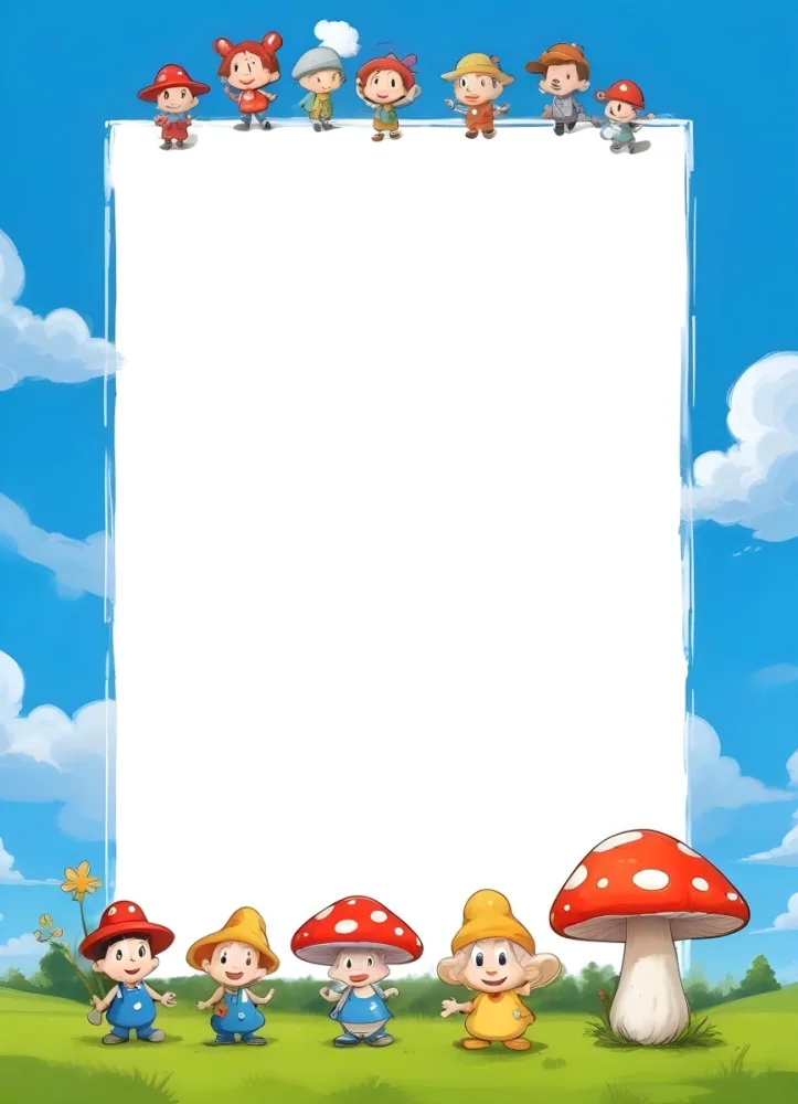 Frame With Cartoon Characters And A Mushroom At The Bottom Blue Sky With Clouds On The Background 9 917d