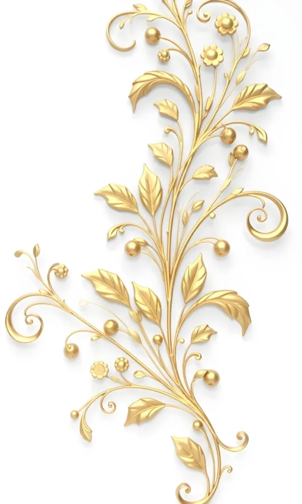Golden Floral Ornament With Leaves And Berries Swirling Tendrils Elegant Design Shimmering Texture Isolated On A White Background Decorative Element Vintage Style Intricate Details Ornate Pattern 19 781e