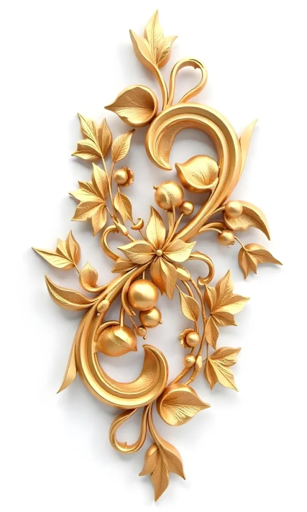 Golden Floral Ornament With Leaves And Berries Swirling Tendrils Elegant Design Shimmering Texture Isolated On A White Background Decorative Element Vintage Style Intricate Details Ornate Pattern 7 Ca18