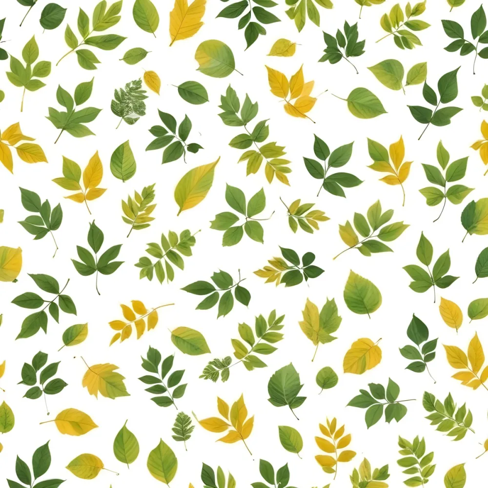 Green And Yellow Leaves Scattered Across A White Background 11 0427