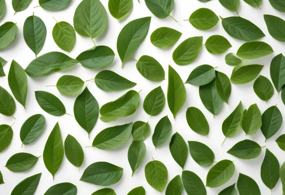 Green And Yellow Leaves Scattered Across A White Background 55 1215