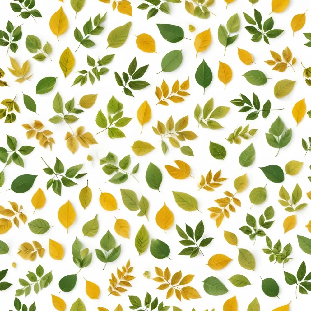 Green And Yellow Leaves Scattered Across A White Background 8 B54b