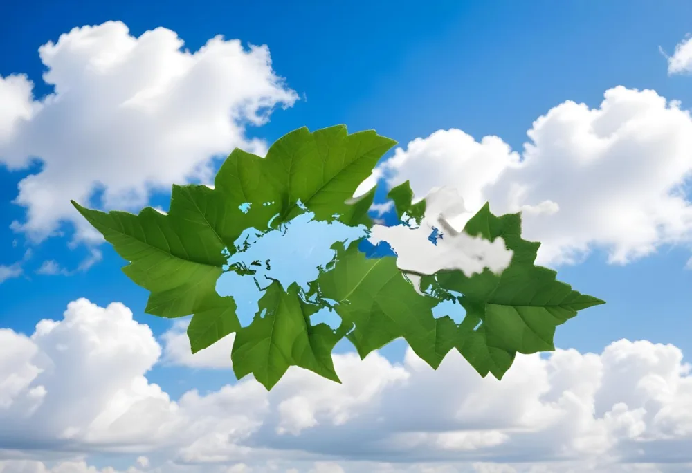 Green Leaf With A World Map Shape Cut Out Revealing A Blue Sky With Fluffy White Clouds Symbolizing Environmental Awareness And Global Sustainability 15 8f10