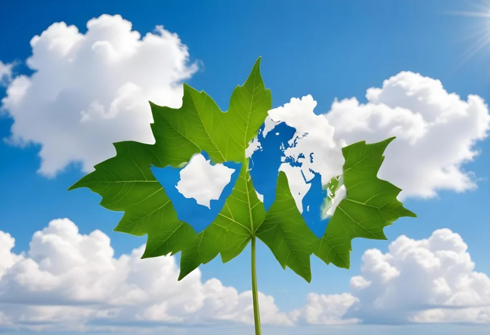 Green Leaf With A World Map Shape Cut Out Revealing A Blue Sky With Fluffy White Clouds Symbolizing Environmental Awareness And Global Sustainability 20 868a