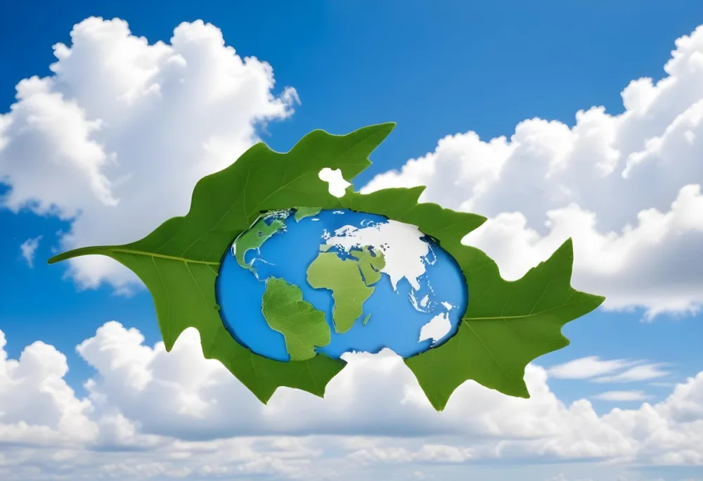 Green Leaf With A World Map Shape Cut Out Revealing A Blue Sky With Fluffy White Clouds Symbolizing Environmental Awareness And Global Sustainability 24 Eb74