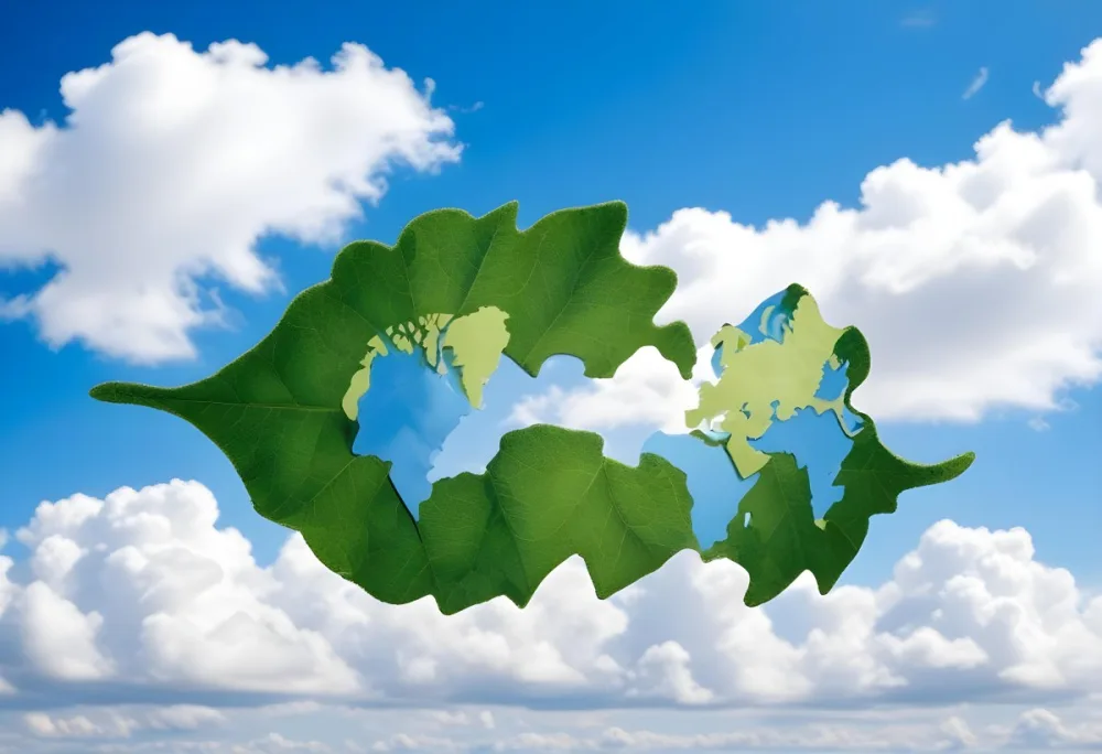 Green Leaf With A World Map Shape Cut Out Revealing A Blue Sky With Fluffy White Clouds Symbolizing Environmental Awareness And Global Sustainability 3 5161