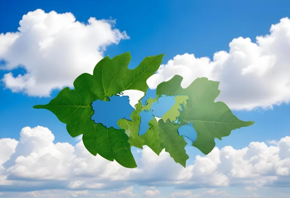Green Leaf With A World Map Shape Cut Out Revealing A Blue Sky With Fluffy White Clouds Symbolizing Environmental Awareness And Global Sustainability 34 79d4