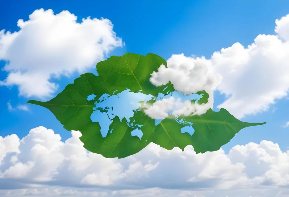 Green Leaf With A World Map Shape Cut Out Revealing A Blue Sky With Fluffy White Clouds Symbolizing Environmental Awareness And Global Sustainability 39 88ea