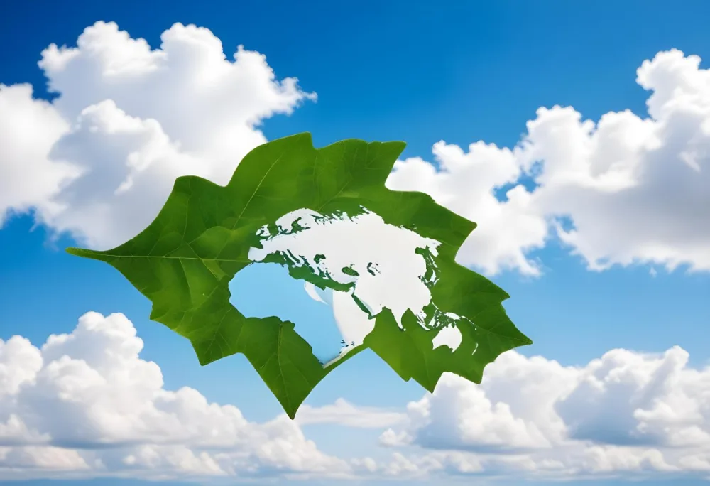 Green Leaf With A World Map Shape Cut Out Revealing A Blue Sky With Fluffy White Clouds Symbolizing Environmental Awareness And Global Sustainability 41 37a7
