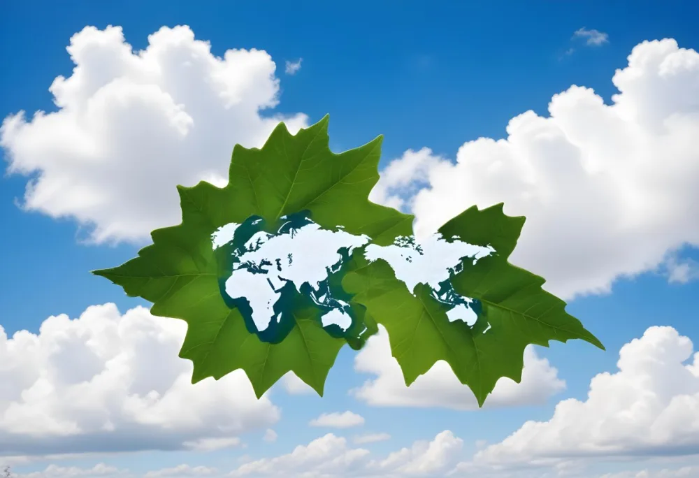 Green Leaf With A World Map Shape Cut Out Revealing A Blue Sky With Fluffy White Clouds Symbolizing Environmental Awareness And Global Sustainability 42 7bf1