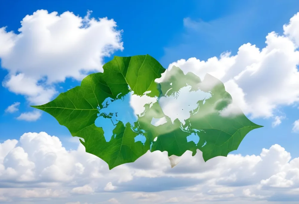 Green Leaf With A World Map Shape Cut Out Revealing A Blue Sky With Fluffy White Clouds Symbolizing Environmental Awareness And Global Sustainability 45 86bb