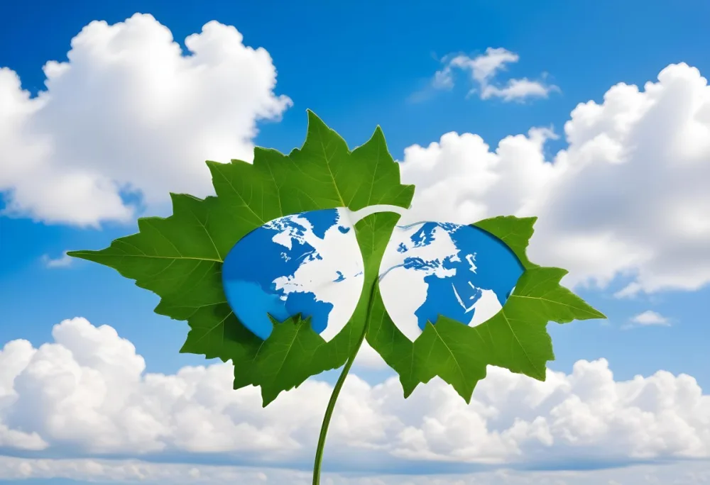Green Leaf With A World Map Shape Cut Out Revealing A Blue Sky With Fluffy White Clouds Symbolizing Environmental Awareness And Global Sustainability 5 C251