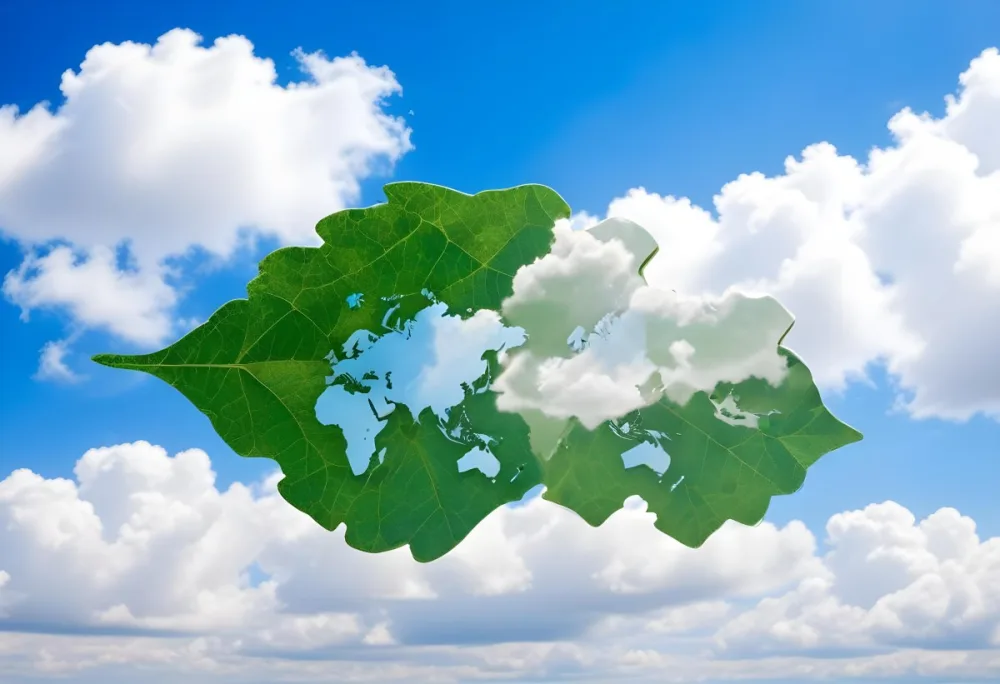 Green Leaf With A World Map Shape Cut Out Revealing A Blue Sky With Fluffy White Clouds Symbolizing Environmental Awareness And Global Sustainability 6 4329