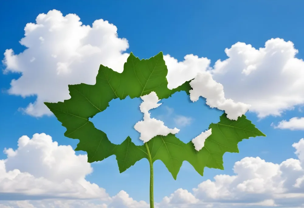 Green Leaf With A World Map Shape Cut Out Revealing A Blue Sky With Fluffy White Clouds Symbolizing Environmental Awareness And Global Sustainability 9 3e7f