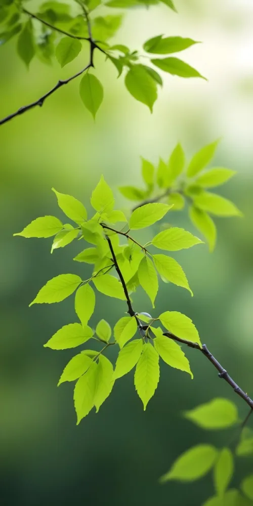 Green Leaves On A Branch Against A Blurred Green Background 19 67d6