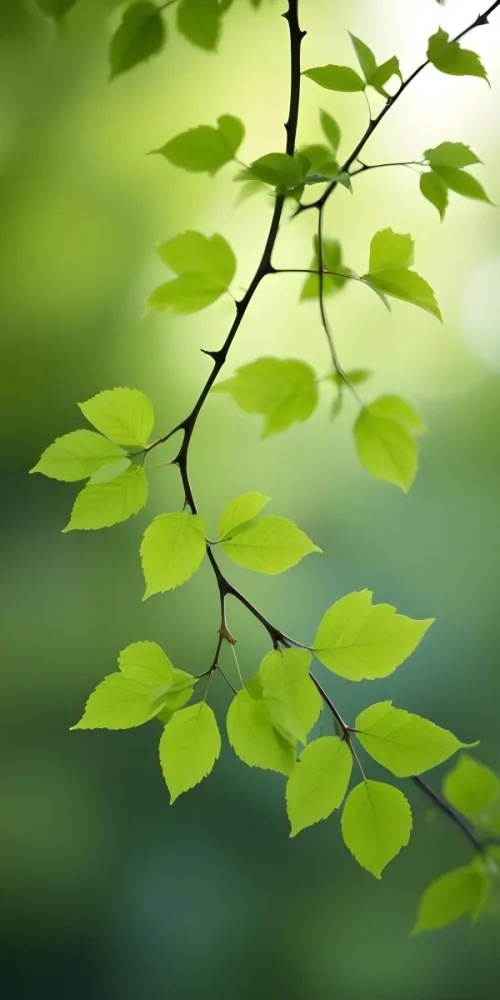 Green Leaves On A Branch Against A Blurred Green Background 8 3153