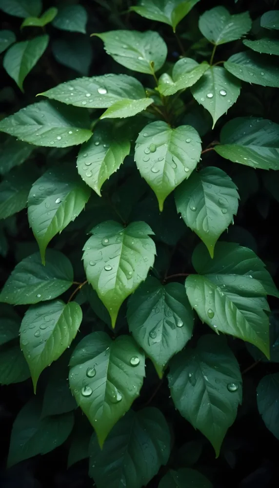 Green Leaves With Water Droplets Lush Foliage In A Dark Natural Environment 4 A7b7